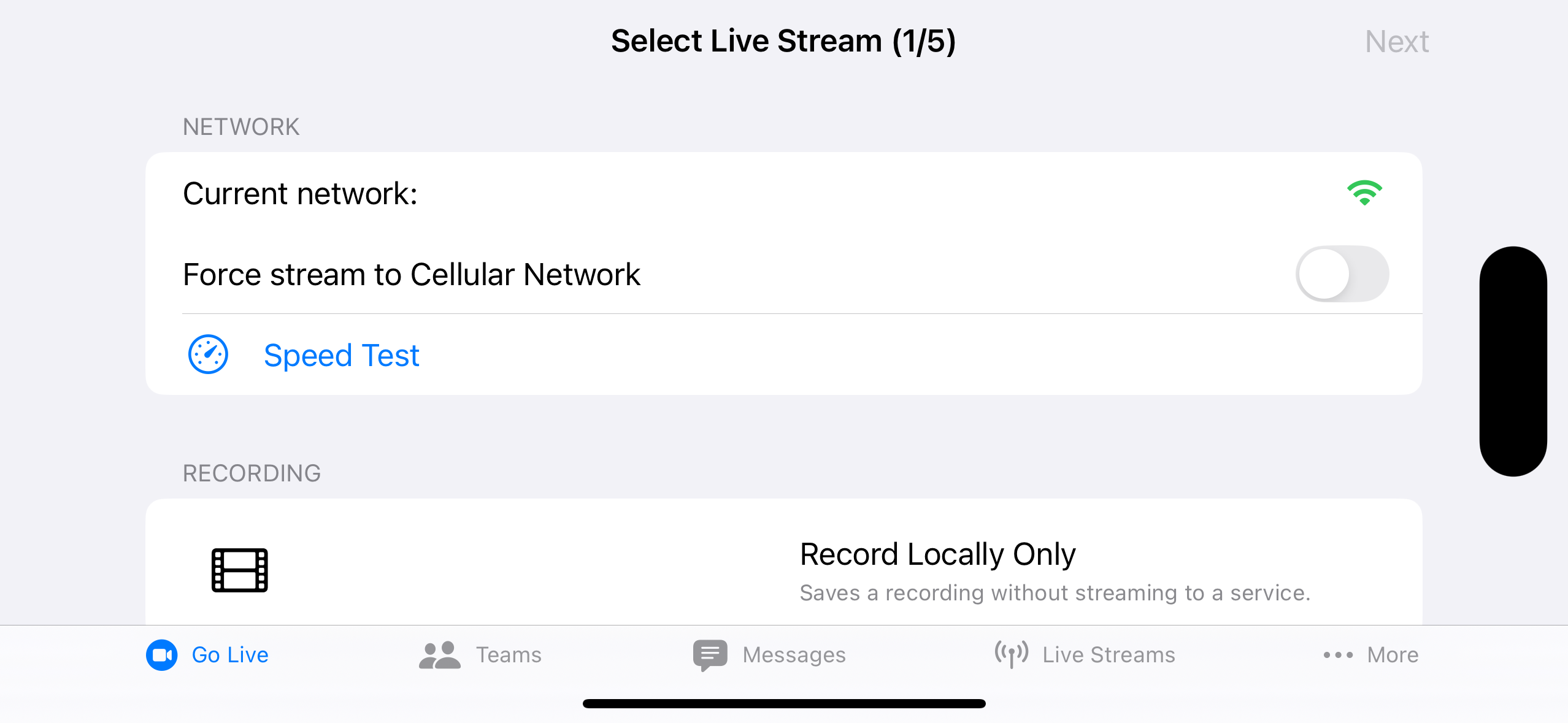 Select Live Stream Step